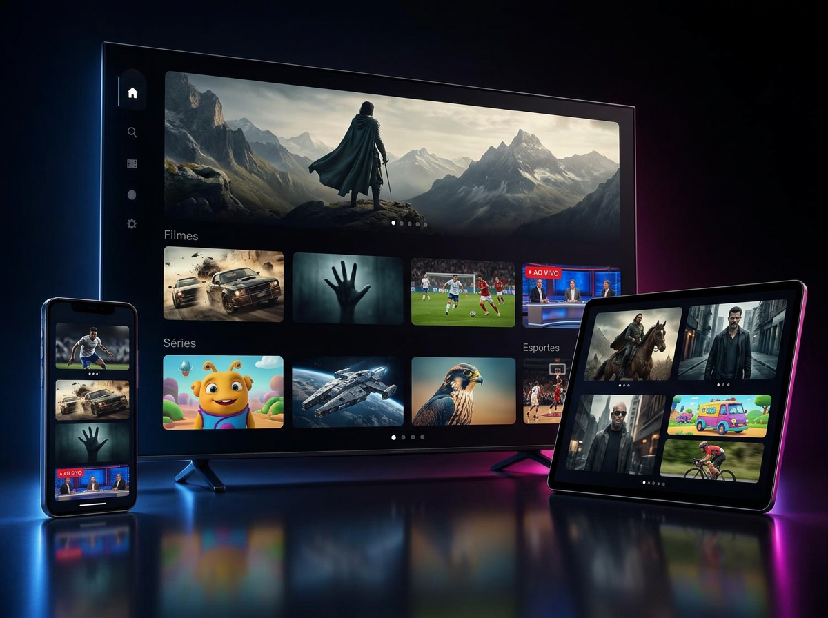 Smart TV, tablet e celular exibindo uma interface de entretenimento com miniaturas coloridas